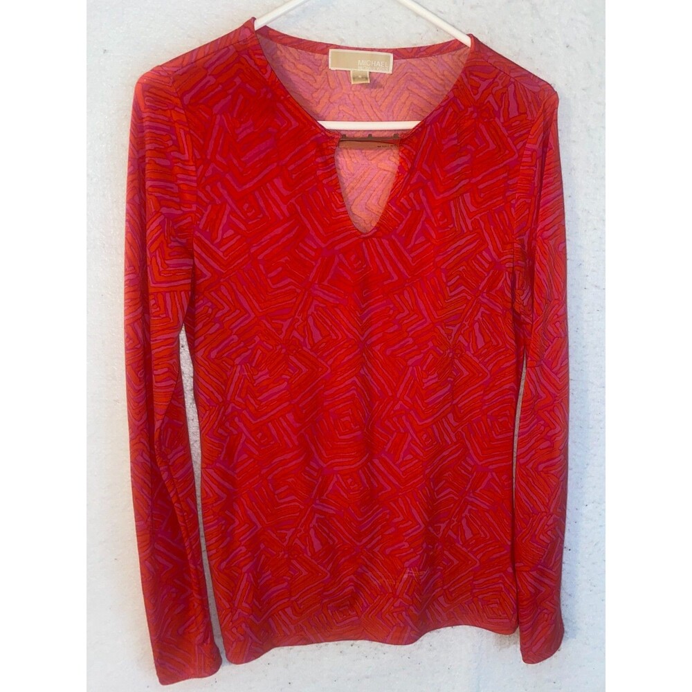 MICHAEL KORS Size S Red Shirt Gold Detail Metal Knit Top MK Womens